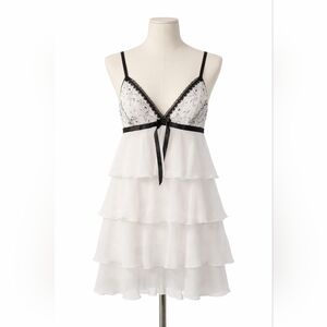 In Bloom Nightgown Ivory/Black Y2K Babydoll Bridal Lace Dress Sz L Fairy Tiered